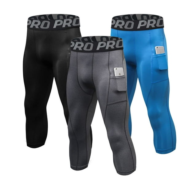 LANBAOSI 3 Pack Men 3/4 Compression Pants Male Athletic Leggings with  Pocket Size Large 