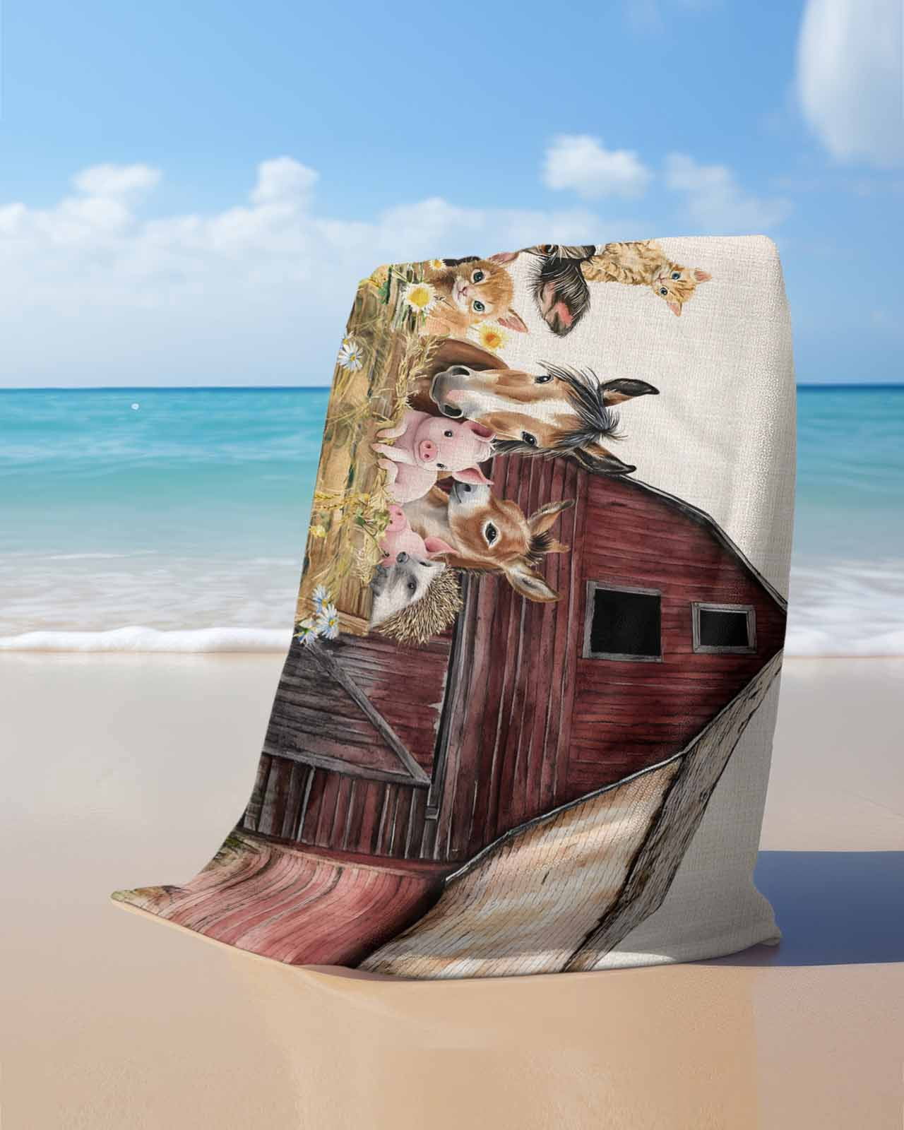 Farm Cow Pig Beach Towels Oversized Super Absorbent, Farmhouse Animals Retro Fench Wood Bran Lightweight Bath Towel Quick Dry Sets For Bathroom/Pool/Rv Camping/Beach Play/Gym Room/Picnic 30"x60"