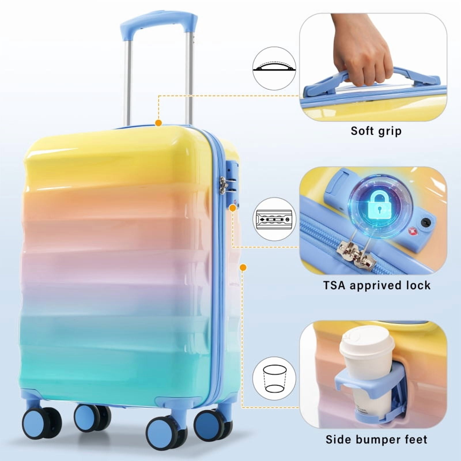 20" Carry-on Luggage with Cup Holder – Lightweight Glossy Hardshell Suitcases with Spinner Wheels, TSA Lock, Airline Approved, 2 Piece Set