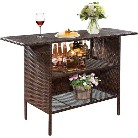 ReunionG Outdoor Wicker Bar Patio Rattan Counter Table with 2 Steel Shelves, 55.1" x 18.5" x 36.2"(L x W x H), Brown