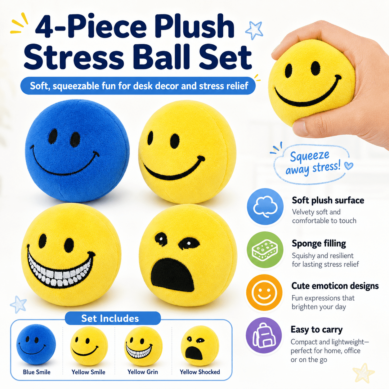 Verity Plush Stress Ball Set, 4-Pack Creepy Emoticon Squeezies | 10cm Soft Sponge-Filled Pocket Fidget, Horror Story Desk Shelf Decor, Compact Teen Adult Collector Gift