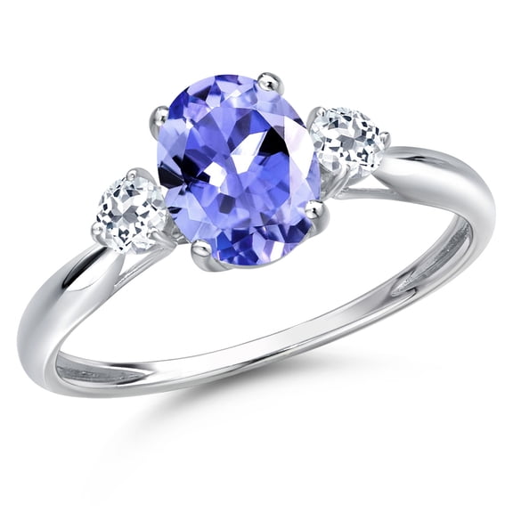 Gem Stone King 10K White Gold Blue Tanzanite and White Topaz 3-Stone Ring for Women | 1.44 Cttw | Oval 8X6MM | Gemstone December Birthstone | Size 7