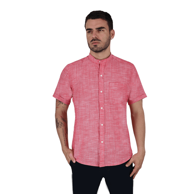Camisa Manga Corta Color Coral Slim Fit Look De Lino Para Caballero