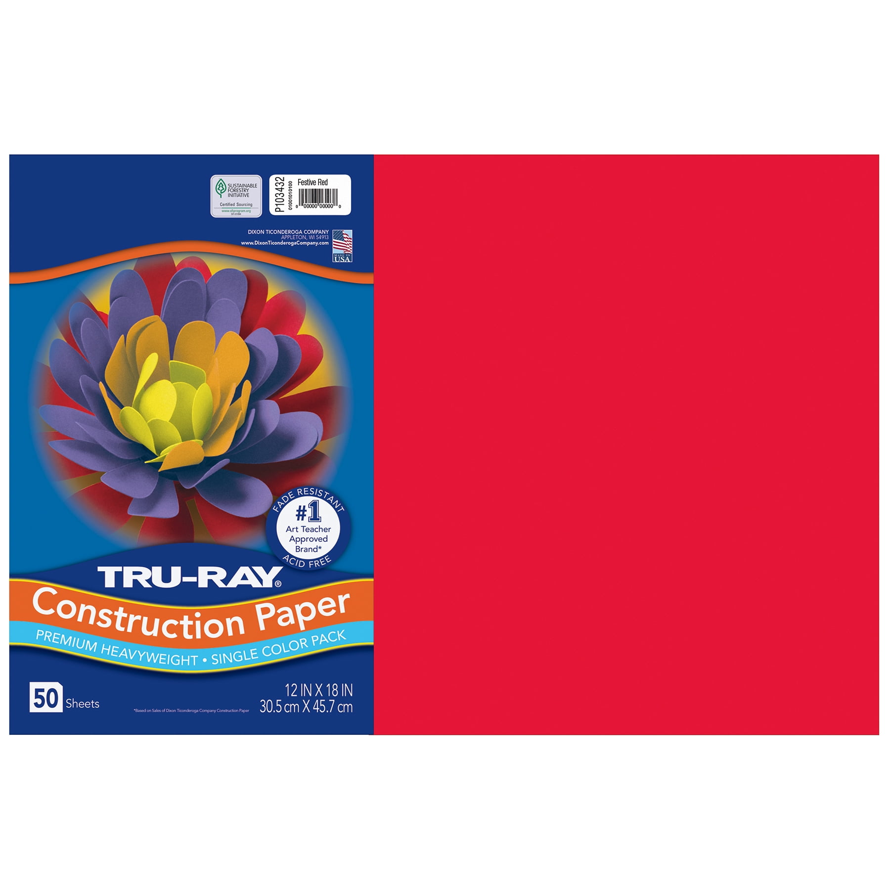 Tru-Ray Construction Paper, Heavyweight, Festive Red, 12" x 18", 50 Sheets Per Pack, 5 Packs