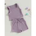 thumbnail image 3 of SUNSIOM Kids Girl Summer Outfits Solid Color Sleeveless Rib Knit Tank Tops Elastic Waist Shorts 2Pcs Clothes Set, 3 of 9