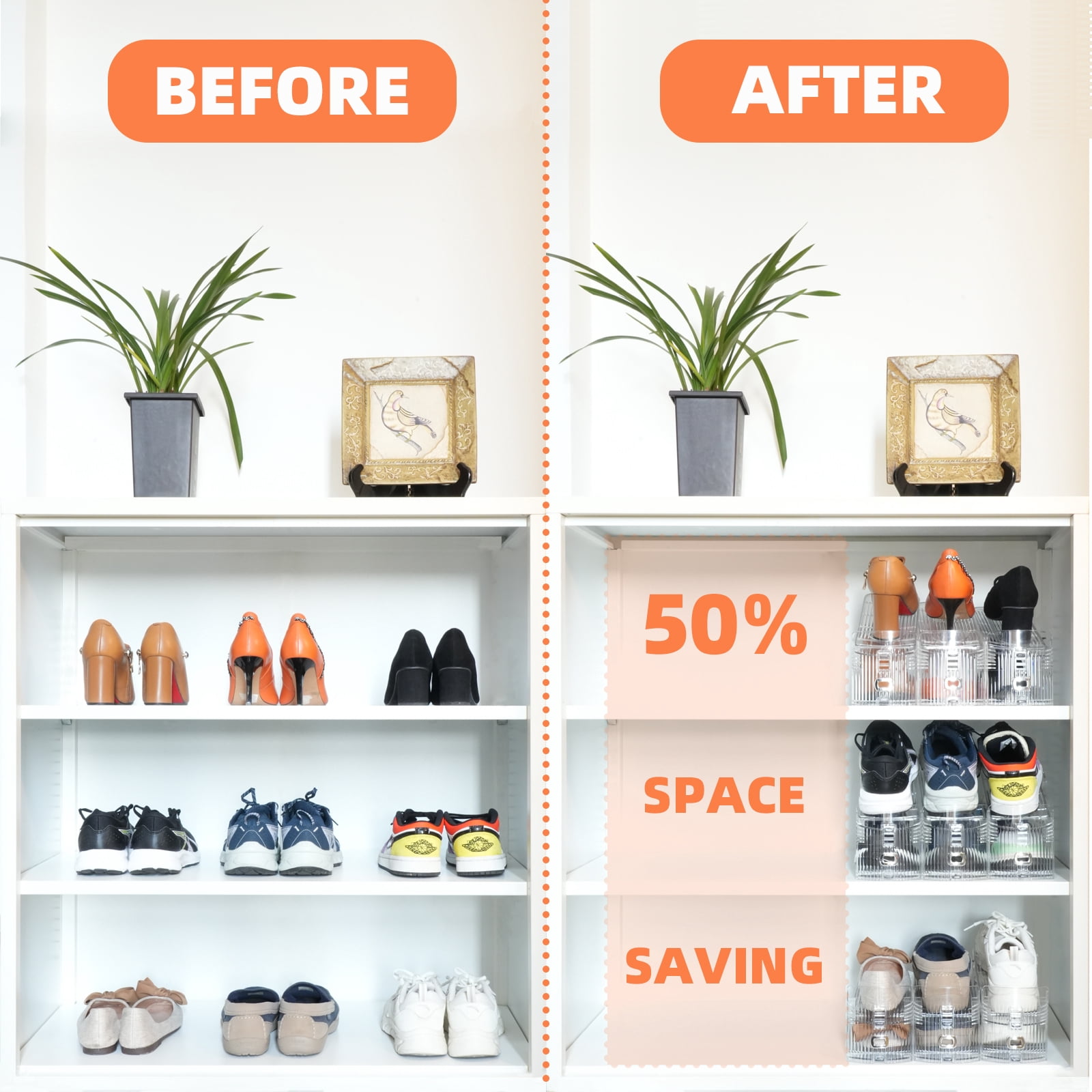 Yashong 12PCS Shoe Slots Organizer, 50% Space-Saving Storage Rack Holder, Adjustable Double Layer Stack Shoe Rack, Transparent