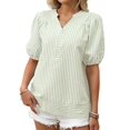 thumbnail image 3 of Womens Short Puff Sleeve Striped Blouses Top V Neck Loose Fit Casual Summer Work Blouses Striped Shirt Light Green M, 3 of 8