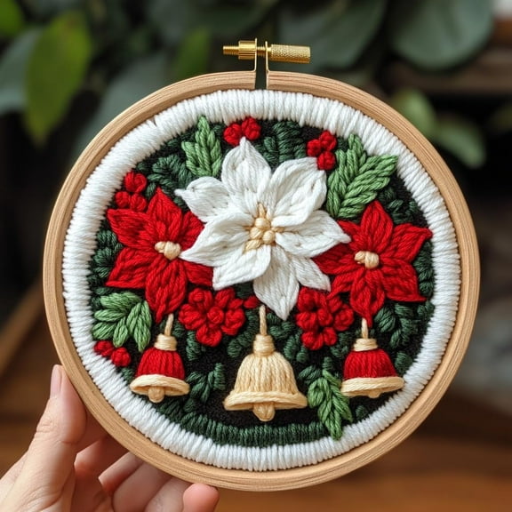 DIY Punch Needle kits Christmas Flowers and Jingle Bells Easy for Beginners Punch Needle Yarn Starter Embroidery Set for Craft lovers with Hoop for Home Decor 20x20cm(2)