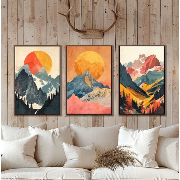 UNFFRAMED Luvia Abstract Sunset Mountain Triptych Poster Set of 3 Vintage Farmhouse Style Prints Modern Boho Minimalist Wall Art Decor Set 3 Prints 8x12