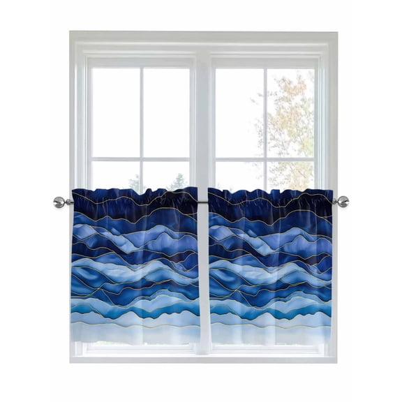 Half Window Curtain 36 Inches Long, Navy Blue Ombre Window Treatment Curtain Drapes, Modern Moire Abstract Art Luxury Small Tier Curtains for Bathroom Over Sink, 27.5"x36", 2 Panels