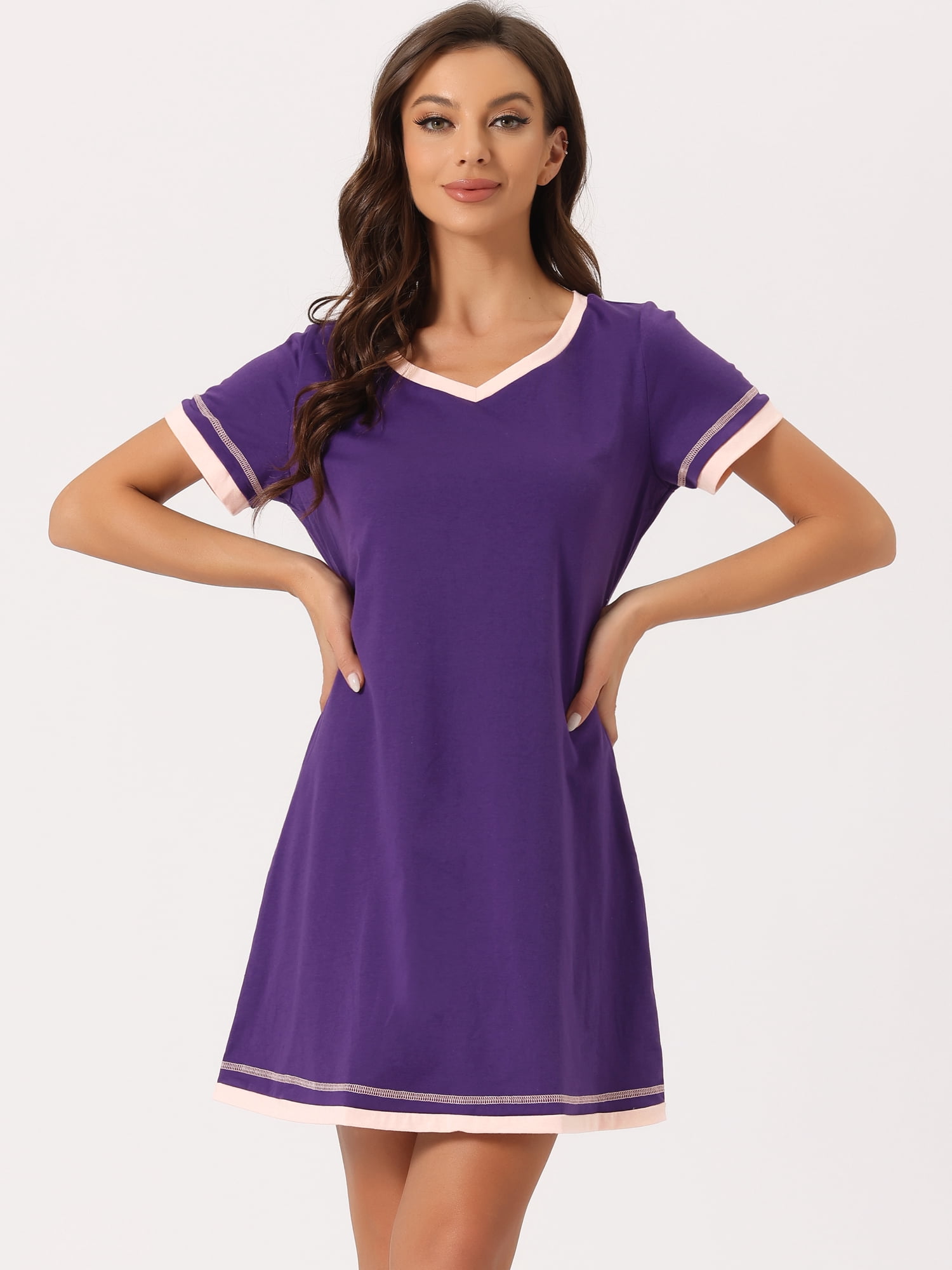 DARING DIVA Women's Short Sleeve V Neck Contrast Color Nightgown Sleepdress XS Purple