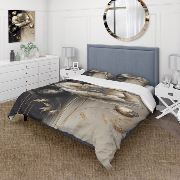 Designart "Bouquet of Flowers in Grey and Gold V" Floral & Botanical Bedding Covert Set - Floral Grey Traditional Bed Set With 2 Shams