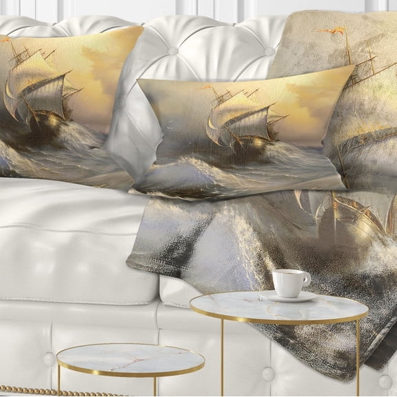Designart Vessel in Stormy Sea - Seascape Throw Pillow - 12x20
