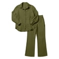 thumbnail image 4 of Women Summer Set Two Pieces Outfit Set Long Sleeve Point Lap Collar Button Down Shirt Wide Leg Pants Casual Vacation Matching Pants Set, 4 of 4