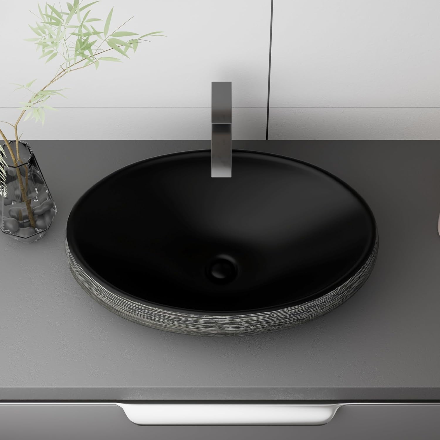 WinZo Bathroom Artistic Vessel Sink, 24x16x5.9 inch Oval Bowl Sink, Retro Ceramic Washbasin Above Counter, Ceramic Porcelain Bathroom Sink Bowl for Vanity, Matte black