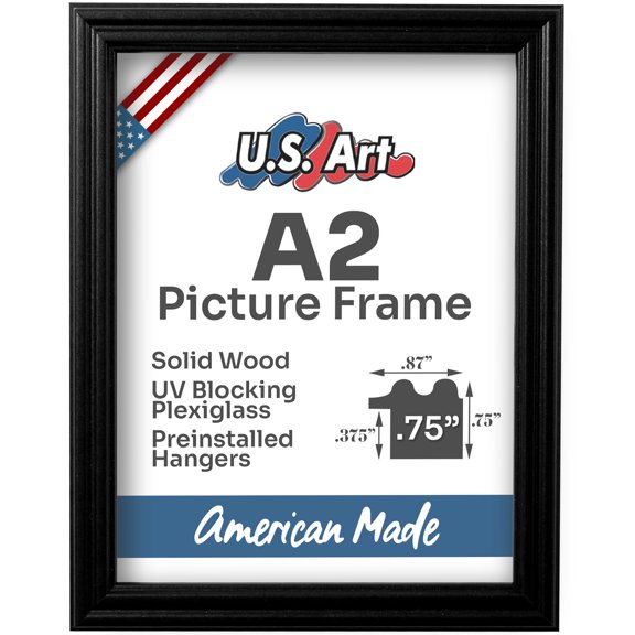 US Art Frames Black A2 Picture Frame .75" Wide - Preinstalled Hangers and UV Blocking Plexiglass, 100% USA Made
