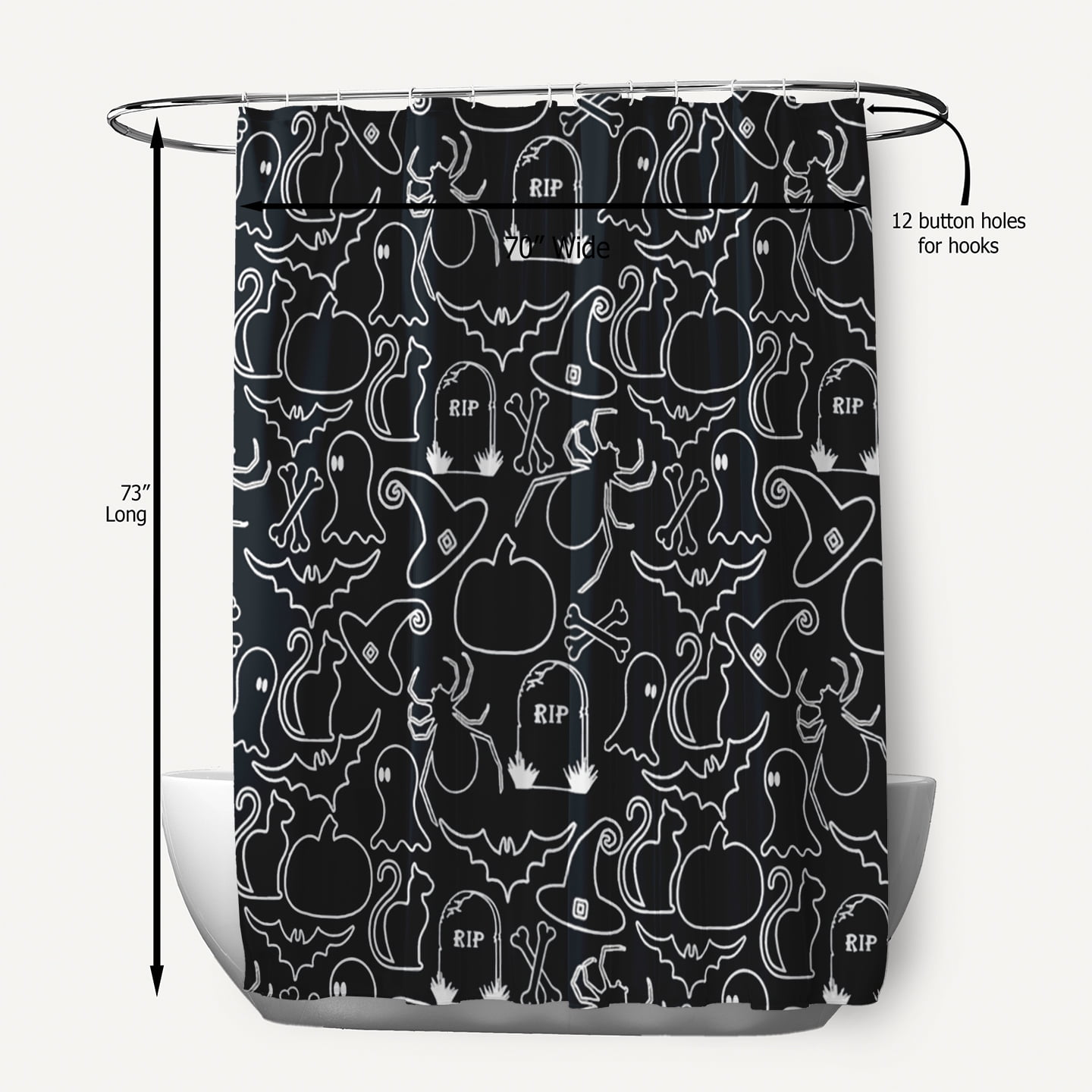 Simply Daisy 70" W x 73" L Halloween Halloween Outlines Polyester Shower Curtain, Black [1 Ct]