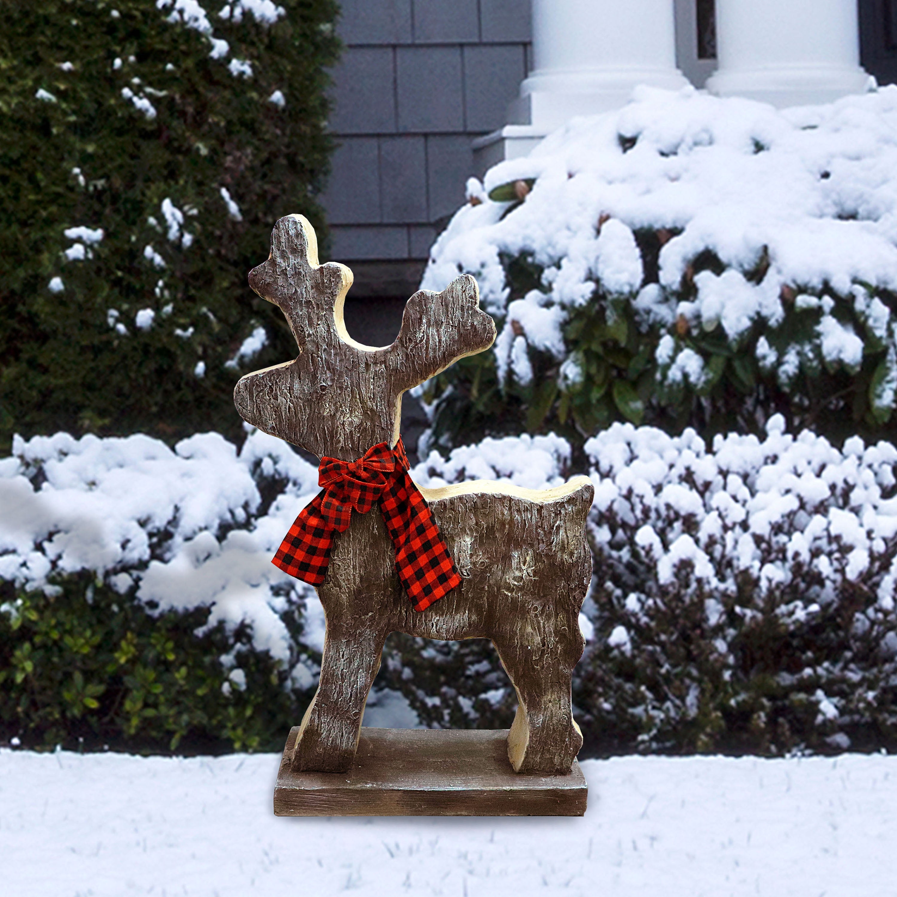 Alpine Corporation Wooden Christmas Reindeer Statue with Festive Bow