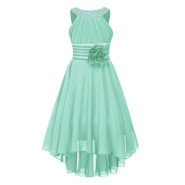 Zaldita Robe de Fête Sans Manches pour Filles, Fleur Ornée, Froncée, Perlée, Ourlet Haut-Bas, Vert Menthe 8