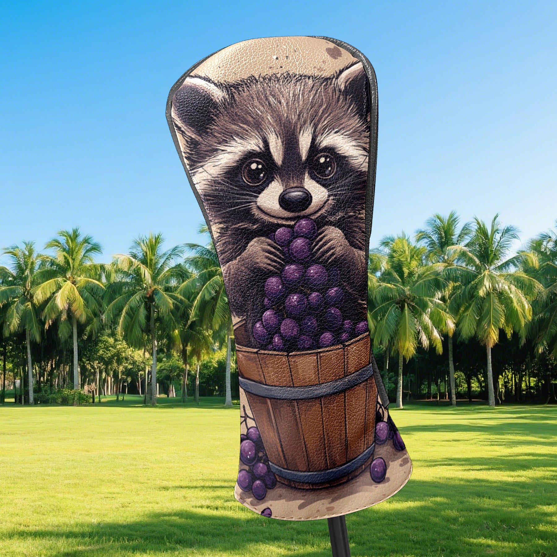 Golf Club Covers PU Leather Waterproof Head Covers for Fairway Woods Hybrids Brown Raccoon Grapes