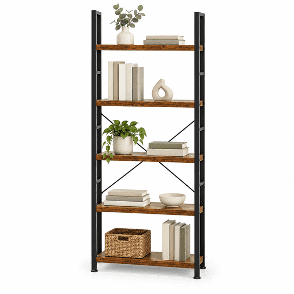 5-Tier Modern Bookshelf, Tall Free Standing Open Bookcase with Metal Frame, Narrow Plant Stand and Display Storage Rack for Living Room, Home Office, Bedroom