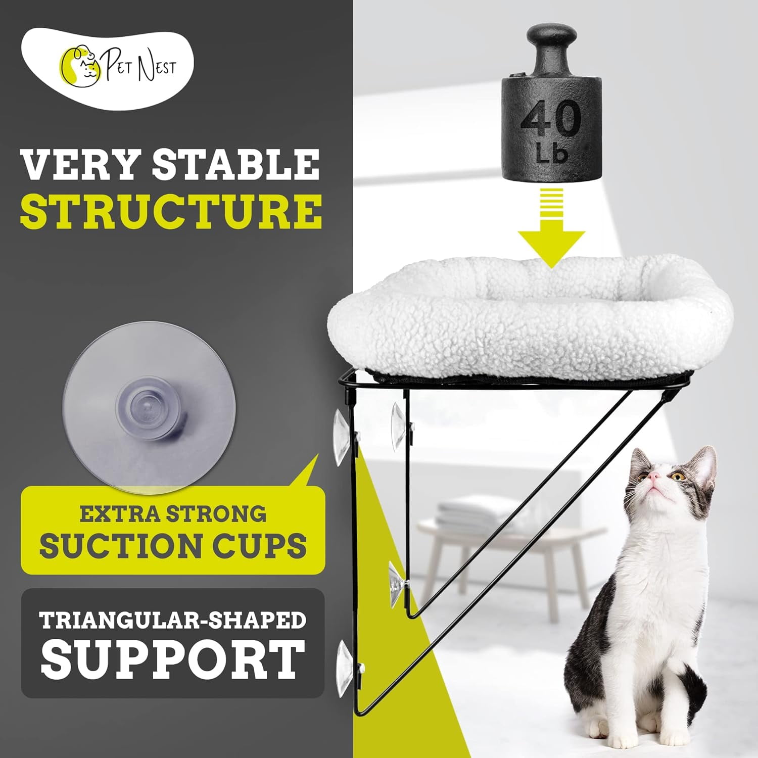 Pet Nest Cat Window Perch - Cat Window Hammock for Small Pets with Heavy Duty Metal Supporting Stand & 4 Strong Suction Cups - Pet Foldable Window Hammock Including Cat Ball Toy - White