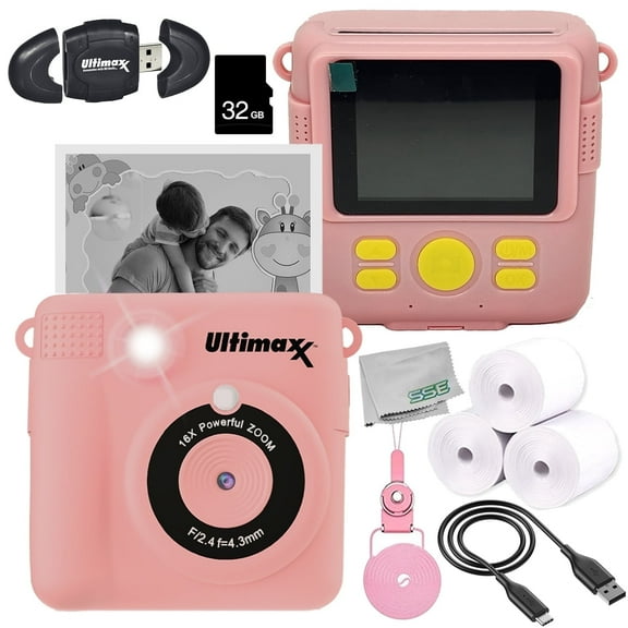 Ultimaxx Essential Instant Print Camera for Kids Bundle (Pink) - Includes: 32GB microSD Card, High-Speed Memory Card Reader & More (9pc Bundle)