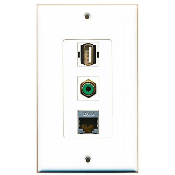 RiteAV - 1 Port RCA Green and 1 Port USB A-A and 1 Port Shielded Cat6 Ethernet Decorative Wall Plate Decorative