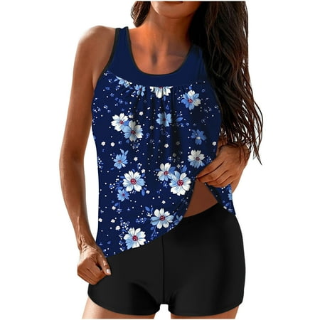 ZQGJB Tankini Swimsuits for Women Two Piece Bathing Suits Mesh Patchwork Scoop Neck Blouson Tank Top with Boyshorts Tummy Control Modest Swimsuits(Multicolor#11 XL)