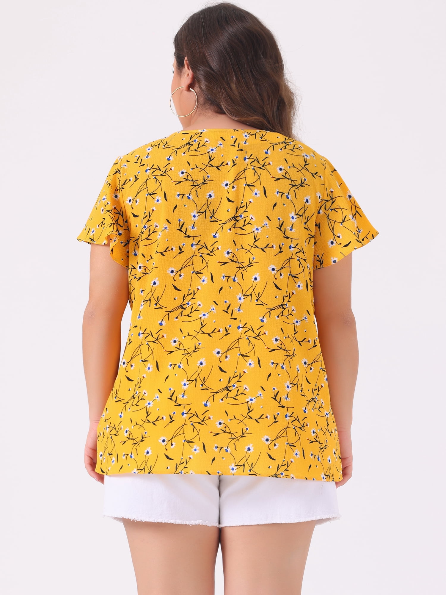 DARING DIVA Women's Plus Ruffle Short Sleeve Keyhole Chiffon Blouse 6X Yellow