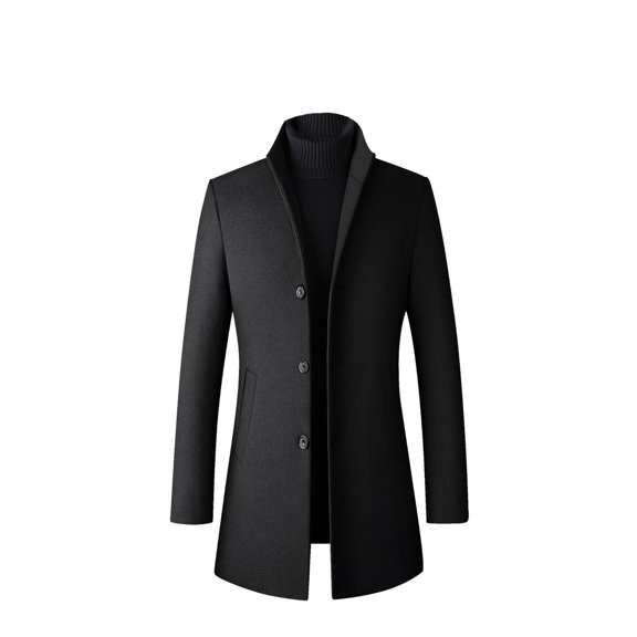 Defitshape Men's Wool Pea Coats Thick Fall Long Sleeve Button Down Long Dressy Jacket Business Long Quilted Single Breasted Topcoat Slim Fit Peacoat Winter Trench Coat Black X-Large