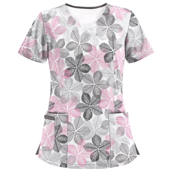 fartey Nurse Scrubs for Women Tunic Fit Floral Print V Neck Uniform Tops Casual Summer Short Sleeve Pockets Working Blouses