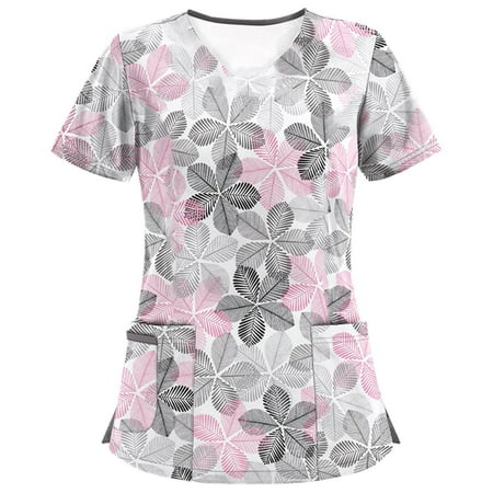 

CYMMPU Short Sleeve Scrub_Tops Clearance Women s Fashion Shirts Retro Floral Printed Nurse Uniform Workwear V-Neck Working Uniform Trendy Clothing Summer Tunic White XL