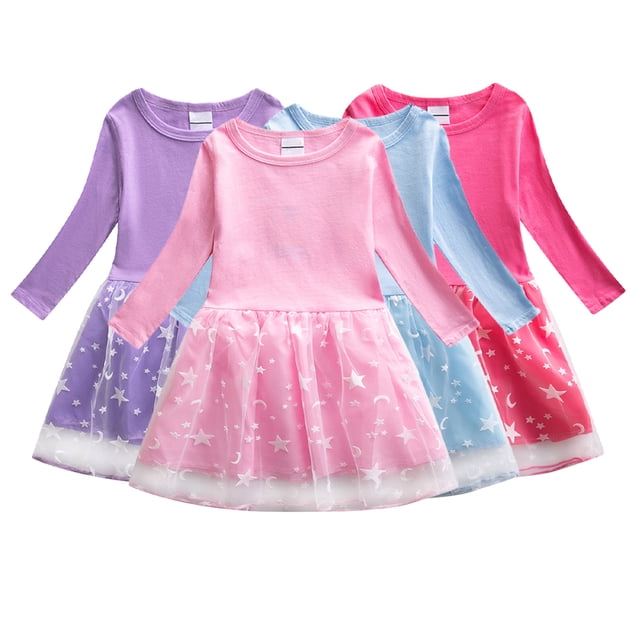 KYAIGUO Robe à Manches Longues pour Bébés Filles 1-9 Ans, Jupe en Coton Tulle, Robe Princesse Douce et Extensible, Robe Décontractée d'Automne pour Enfants