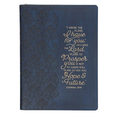 Christian Art Gifts Premium Vegan Leather Zippered Portfolio for Women, Men & Grads w/Inspirational Scripture: I Know the Plans Encouraging Bible Verse w/Pen & Highlighter Combo, Navy Blue & Gold
