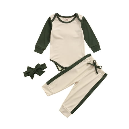 

Jkerther Newborn Infant Baby Boy Girl 3Pcs Fall Outfits Color Block Romper + Pants + Headband