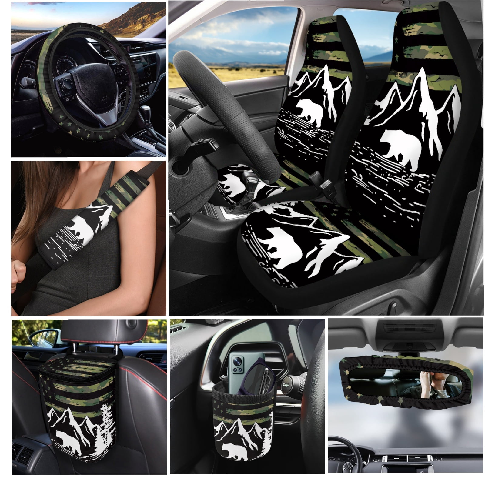 Jeiento American Flag Car Seat Cover Set of 15 Auto Front Back Seat Protector Steering Wheel Cover Seat Belt Pad Garbage Bag Air Vent Bag Mountain Rearview Mirror Cover Coasters Key Chain