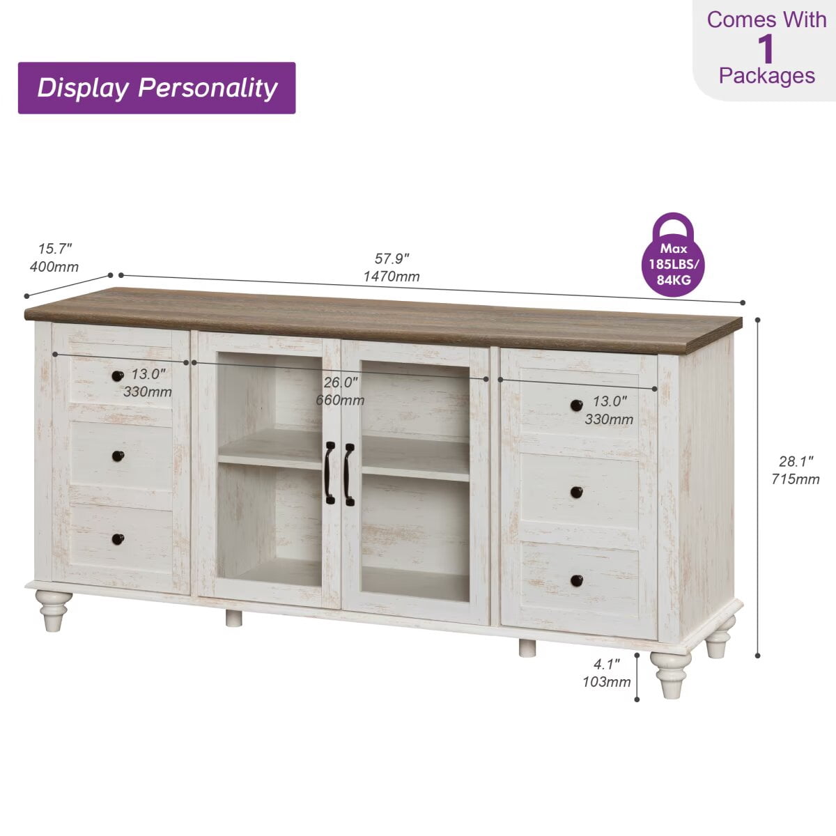 TV Stand with Glass Door for 65 Inch TV, Wooden Television Stands for Living Room, Antique White