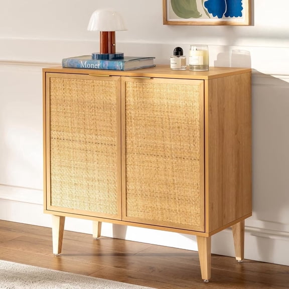 EYYTHUNG Accent Storage Cabinet Sideboard with Rattan Doors, Boho Farmhouse Buffet Cabinet Adjustable Shelf Credenza, Natural Oak