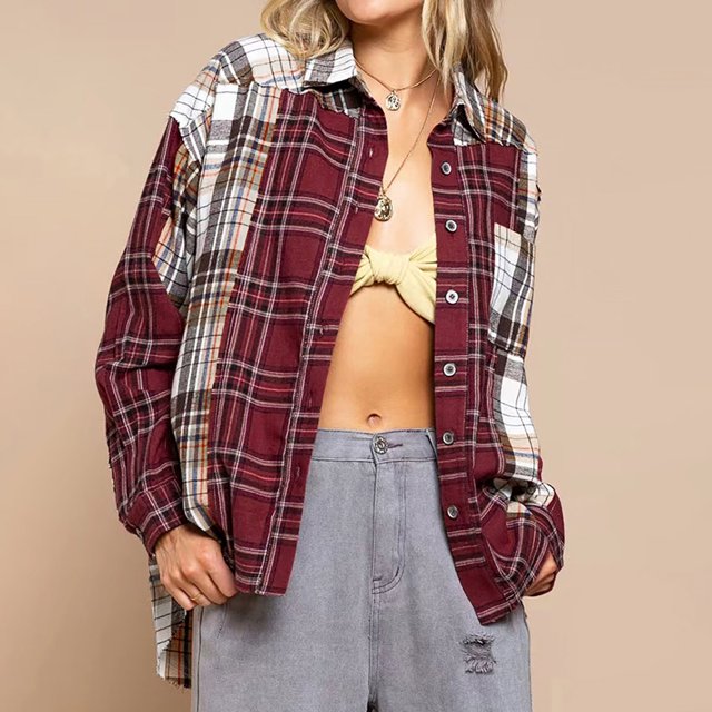 Puntoco Moda Mujer Bolsillos casuales Impreso Manga larga tops Chaqueta Abrigo a cuadros Puntoco Puntoco-2357