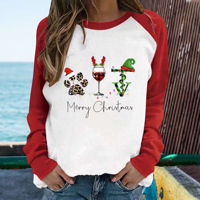 Qertyioot Chandail en Molleton de Noël pour Femmes, Manches Longues, Col Rond, Décontracté