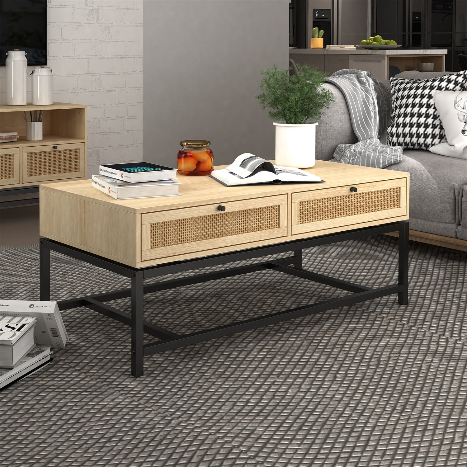 Modern Coffee Table, 45 inch Console Table with 2 Rattan Drawers for Living Room Modern Coffee Table, 45 inch Console Table with 2 Rattan Drawers for Living Room
