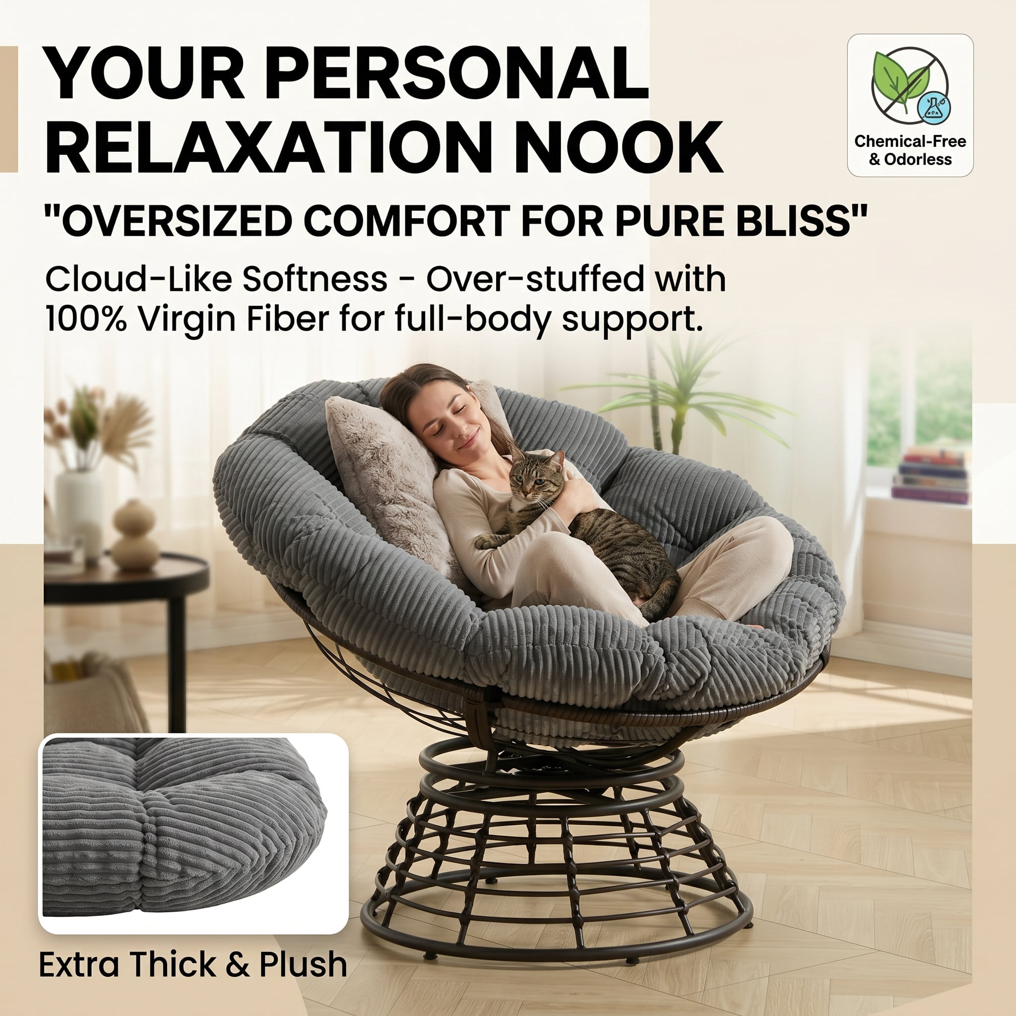 360° Swivel Wicker Papasan Chair with Ergonomic Over-Stuffed Cushion, Modern Rattan Saucer Chair for Living Room & Bedroom