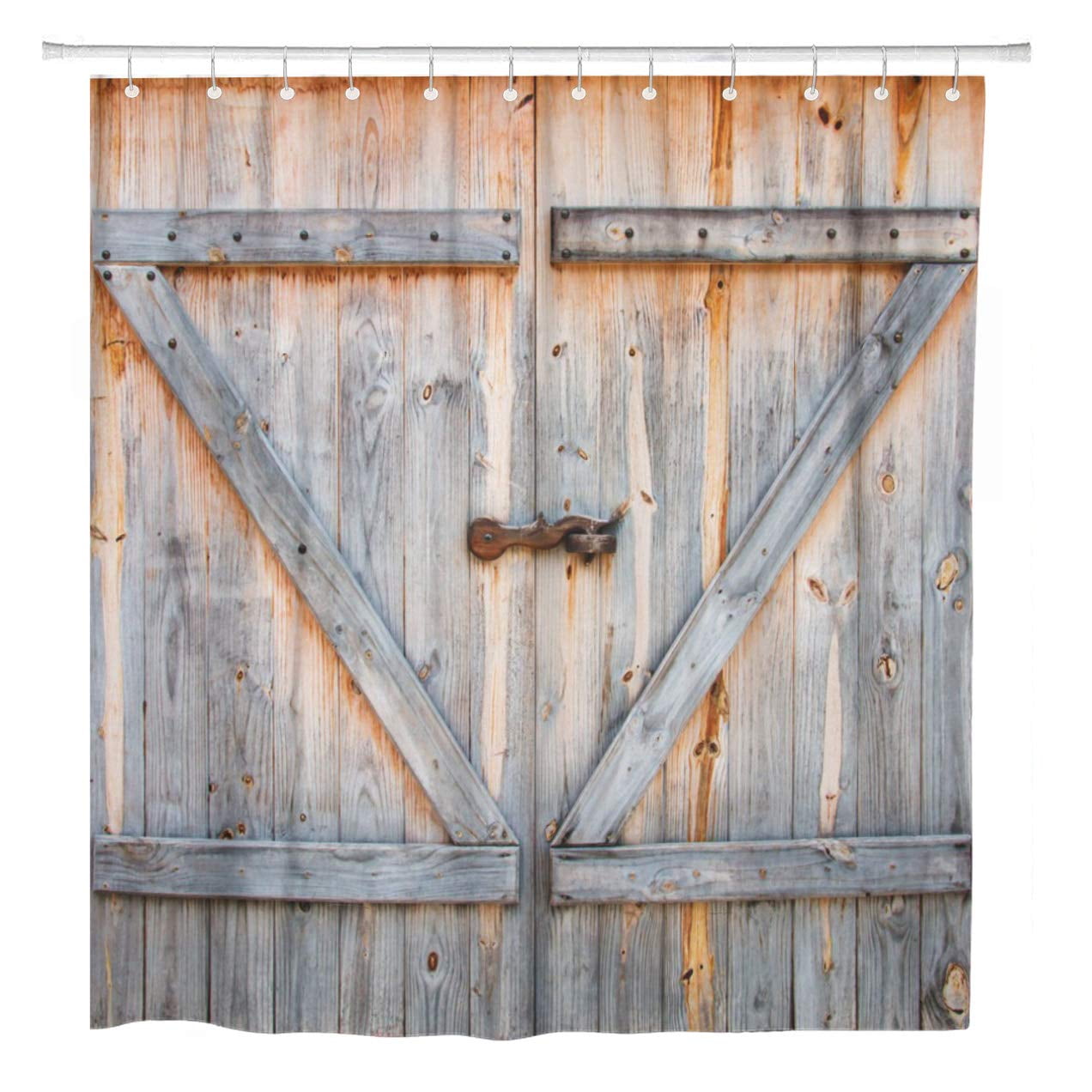 SUTTOM Brown Rustic Detail of Wooden Barn Door Farm Old Bathroom Shower