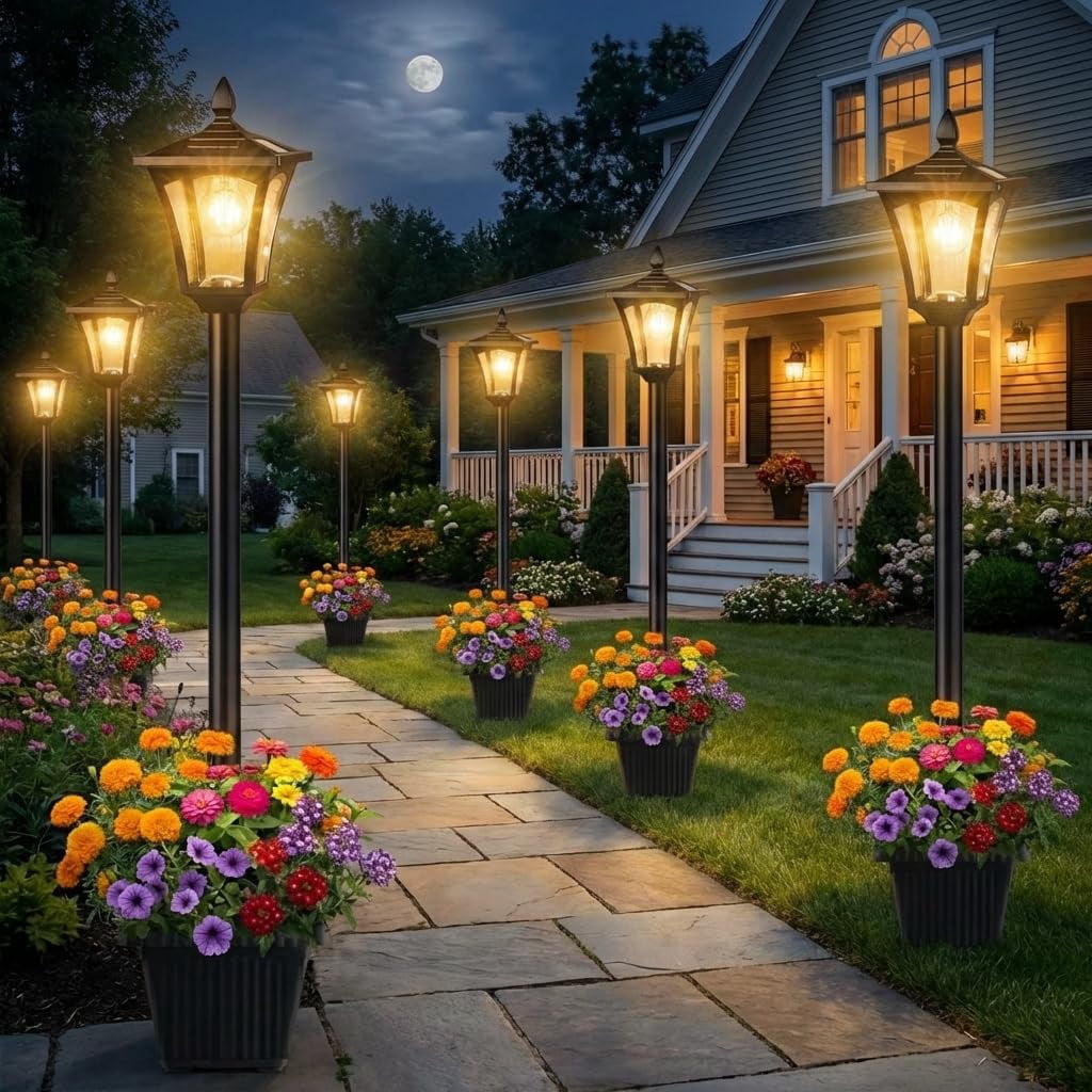 28" Solar Lamp Post Lights with Planter, Glass & Metal Street Light Outdoor Waterproof, 60 Lumens Dusk to Dawn Solar Pole Light for Garden, Yard, Driveway, Porch