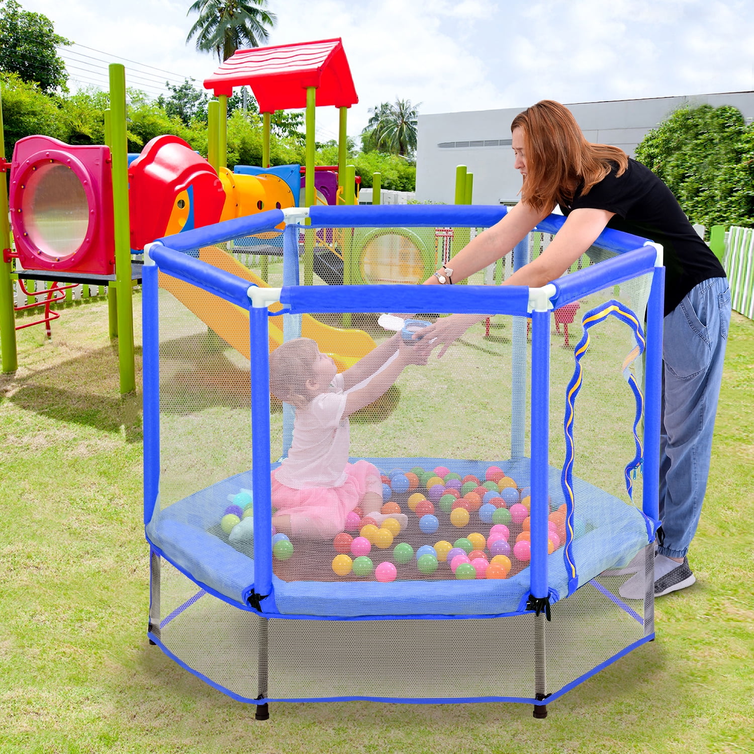 Kadyn 55" Toddlers Trampoline, Vinyl Jumping Trampoline with Safety Enclosure Net and Balls, Indoor Outdoor Mini Trampoline for Kids, Blue