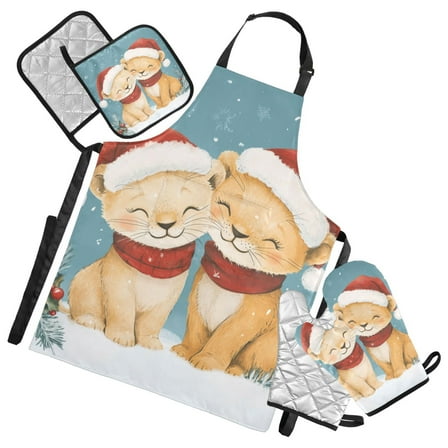 Lions in Christmas Apron Set with Oven Mitts Pot Holders Set of 5 Kitchen Stuff Accessories
