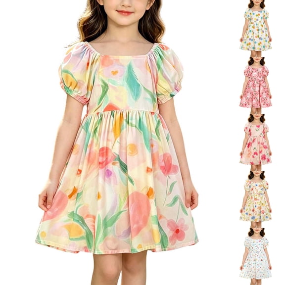 SROBPTY Teen Girls Dresses Print Crew Neck Short Sleeve Floral Mid-Length Sundress for 1-11Y