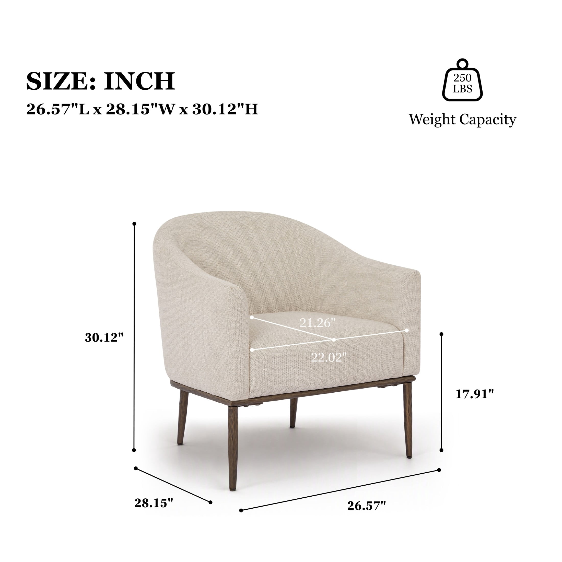 Christopher Knight Home Modern Upholstered Barrel Accent Armchair with Hammered Metal Base, Ivory