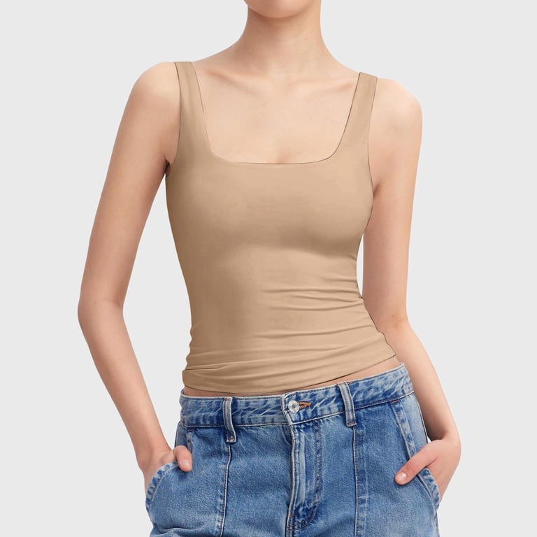 Pimfylm Women's Square Neck Tank Top Sleeveless Double Lined Basic